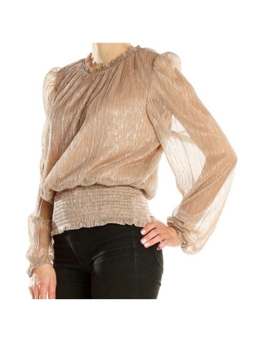 Joie Champagne Pink GoldShimmer long sleeved Smocked bottom Blouse XS Glam Party